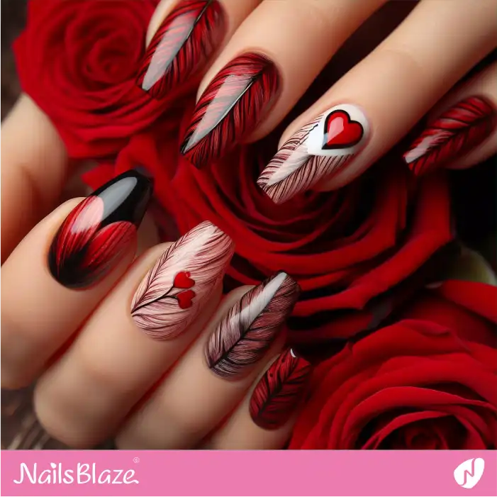 Black and Red Valentine Heart Nails with Feather Pattern | Valentine Nails - NB2744
